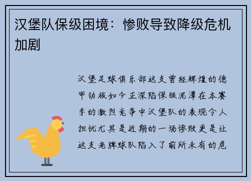汉堡队保级困境:惨败导致降级危机加剧