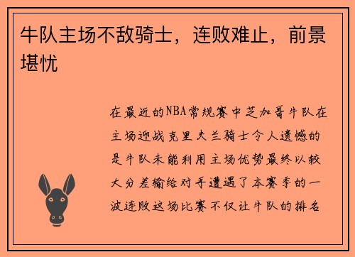 牛队主场不敌骑士,连败难止,前景堪忧